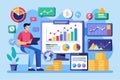 A person studies financial data on multiple screens while integrating colorful charts and graphs, Handle financial data trends and Royalty Free Stock Photo