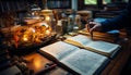 A person studying religion, reading Bible in a candlelit library generated by AI