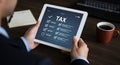 A person in a suit holds a tablet displaying a digital checklist titled \