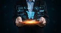 A person in a suit holds a tablet displaying a floating digital shopping cart icon,
