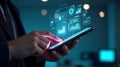 Businessman analyzing data on tablet with futuristic interface Royalty Free Stock Photo