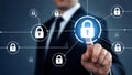 Cybersecurity Network Protection with Digital Padlock Icons Businessman Securing Data and Privacy Royalty Free Stock Photo