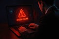 Person in suit using laptop with system failure warning and digital data on screen image photo Royalty Free Stock Photo