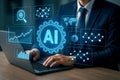 Person in a suit using a laptop with a glowing AI gear icon and surrounding data visualization elements Royalty Free Stock Photo