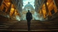 A person in a suit walking up a long set of stairs in front of a large gorgeous building.