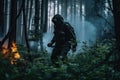 person, surrounded by dark and dangerous forest, fighting off evil forces