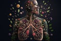 person, surrounded by garden of flowers, with lungs made from the blooms