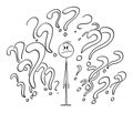 Person Surrounded by Question Marks or Symbols, Unsure Looking for Answer, Vector Cartoon Stick Figure Illustration Royalty Free Stock Photo