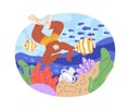 Person swimming underwater. Happy man swimmer under sea water with fishes, coral reef. Tropical undersea, seabed on