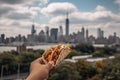 person, taking bite of juicy taco, with view of bustling cityscape visible in the background