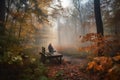 person, taking in the fresh air and tranquility of a misty autumn morning in the woods