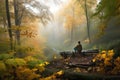 person, taking in the fresh air and tranquility of a misty autumn morning in the woods