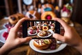 Person taking photo food. Generate Ai