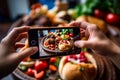 Person taking photo tasty food. Generate Ai