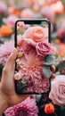 A person taking a picture of flowers with a cell phone, AI