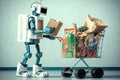 person, taking a robot shopping for groceries, with robot grabbing different food items