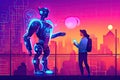 person talking with robotic ai.futuristic technology or machine learning Royalty Free Stock Photo