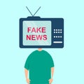 Person with television in place of his head showing FAKE NEWS, blue background. Vector illustration in flat style Royalty Free Stock Photo