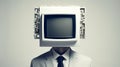 Person with a television set for a head on a light background. Concept of media influence, anonymity, information