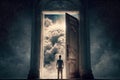 person, with their eyes closed, standing in front of beautiful and majestic door to heaven