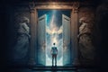 person, with their eyes closed, standing in front of beautiful and majestic door to heaven