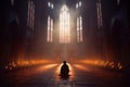 Person on their knees, praying in a gothic church with candles. The artwork depicts the spiritual and mystical experience of Royalty Free Stock Photo