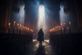 Person on their knees, praying in a gothic church with candles. The artwork depicts the spiritual and mystical experience of