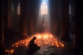 Person on their knees, praying in a gothic church with candles. The artwork depicts the spiritual and mystical experience of Royalty Free Stock Photo