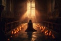 Person on their knees, praying in a gothic church with candles. The artwork depicts the spiritual and mystical experience of