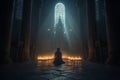 Person on their knees, praying in a gothic church with candles. The artwork depicts the spiritual and mystical experience of Royalty Free Stock Photo