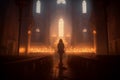 Person on their knees, praying in a gothic church with candles. The artwork depicts the spiritual and mystical experience of Royalty Free Stock Photo