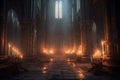 Person on their knees, praying in a gothic church with candles. The artwork depicts the spiritual and mystical experience of Royalty Free Stock Photo