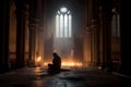 Person on their knees, praying in a gothic church with candles. The artwork depicts the spiritual and mystical experience of Royalty Free Stock Photo