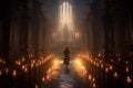 Person on their knees, praying in a gothic church with candles. The artwork depicts the spiritual and mystical experience of Royalty Free Stock Photo