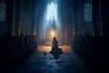 Person on their knees, praying in a gothic church with candles. The artwork depicts the spiritual and mystical experience of Royalty Free Stock Photo