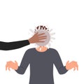 Person throw pie in man face make fun of friend or colleague. Greeting or congratulation with happy birthday prank or joke.