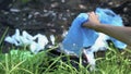 Person throwing plastic bag in dirty lake, irresponsible people impact on nature