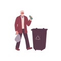Person throwing plastic waste to street dumpster. Senior man dropping bottle into rubbish container, trash can. Male and