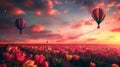 Person tightrope walking between hot air balloons over tulip field at sunset Royalty Free Stock Photo