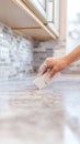 A person tiling a backsplash in a newly updated kitchen. Royalty Free Stock Photo