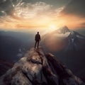 Person on top of a majestic mountain landscape with sunset in the background