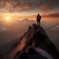 Person on top of a majestic mountain landscape with sunset in the background