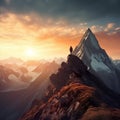 Person on top of a majestic mountain landscape with sunset in the background