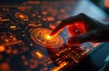 Person touches glowing orange futuristic computer interface displaying complex data circuits. Digital network system interaction, Royalty Free Stock Photo