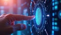Person touches tech fingerprint scanner. Modern biometric authentication tech secure entry. High-tech security features protect