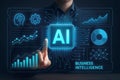 Person touching AI interface with charts and graphs artificial intelligence technology Royalty Free Stock Photo