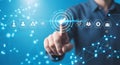 Person touching digital interface with technology icons and network hand finger Royalty Free Stock Photo