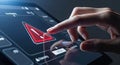 Person touching a digital screen with a red warning sign, indicating a system error or alert Royalty Free Stock Photo