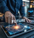 Person touching holographic future interface on a digital tablet with glowing blue and orange hand Royalty Free Stock Photo