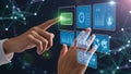 Person touching holographic screen with approve button and data visualizations interface Royalty Free Stock Photo